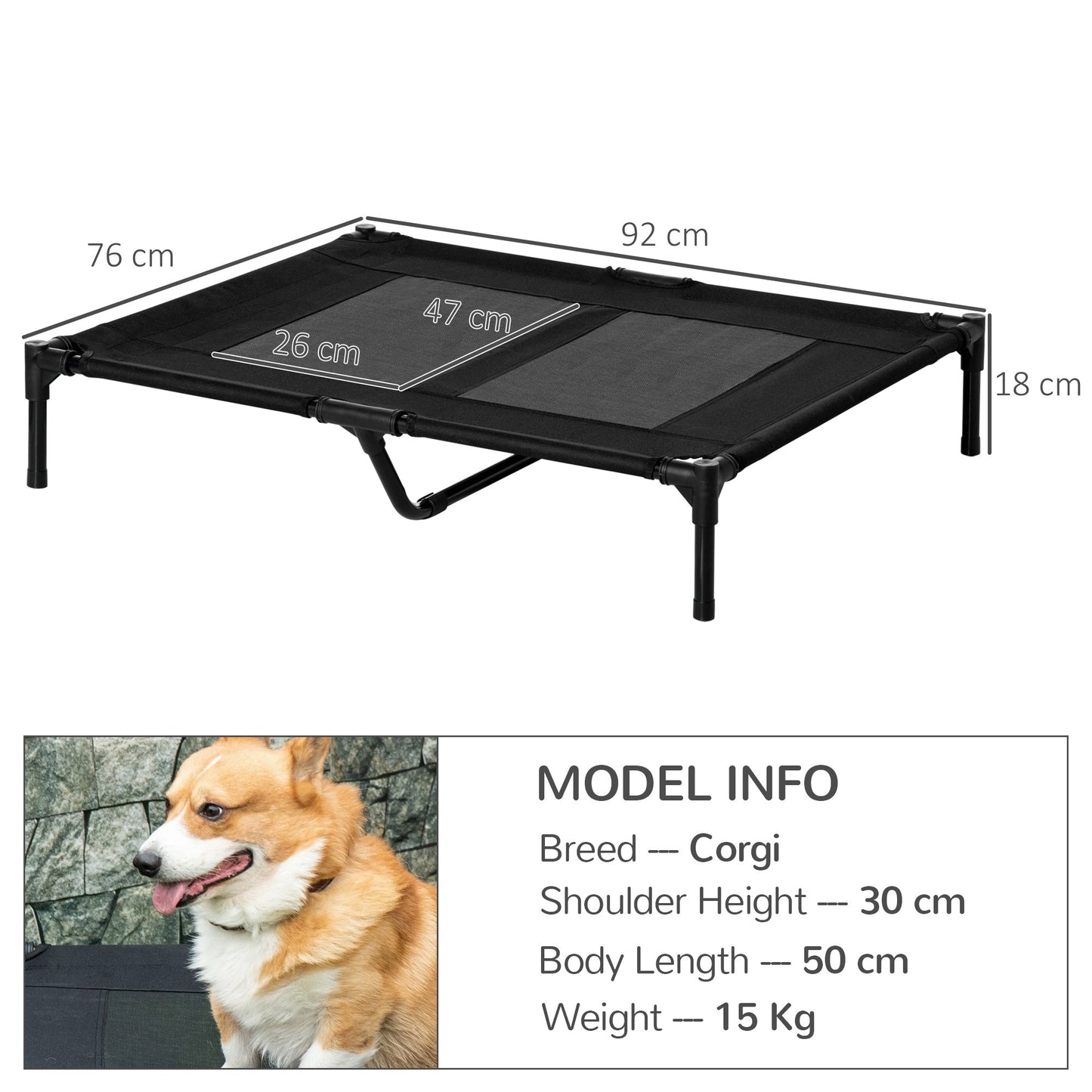 Large Raised Dog Bed Cat Elevated Lifted Cooling Portable Camping Basket Outdoor Indoor Mesh Pet Cot Metal Frame Black