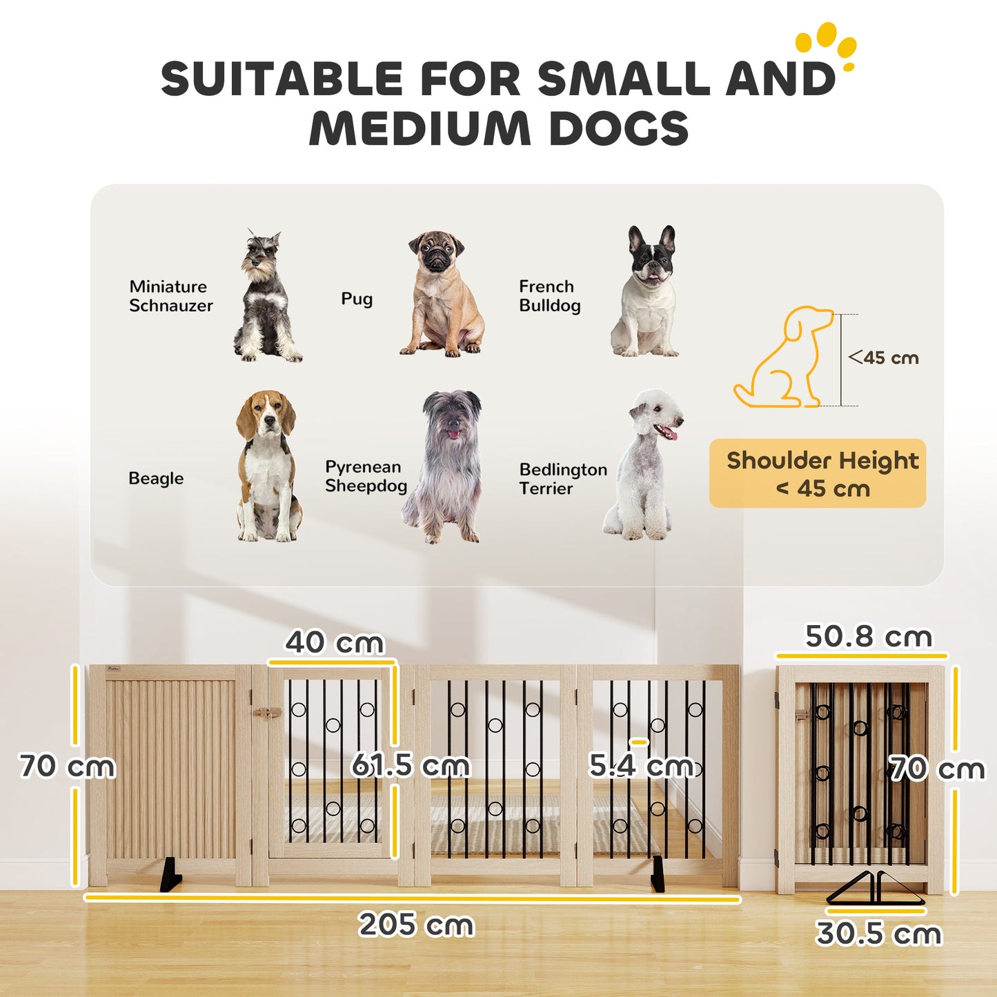 Freestanding Pet Gate, Foldable Dog Gate with Lockable Door, Support Feet & 360° Flexible Hinges, 4 Panel Indoor Safety Dog Barrier for House, Stairs, Doorway, 205 x 30.5 x 70 cm, Oak