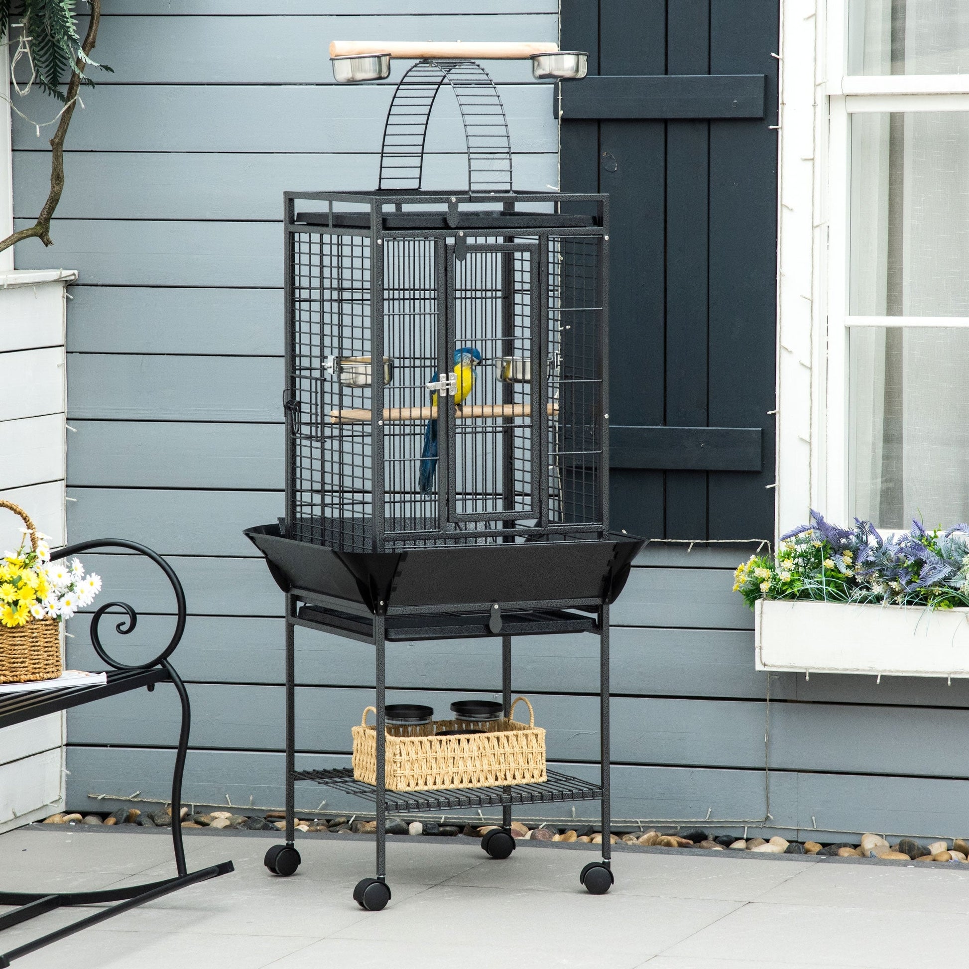 156cm Bird Cage,Large Parrot Cage with Open Play Top, Perch, Seed Guard, Wheels, Storage Shelf for Budgie, Cockatiel, Conure, Lovebird, Dark Grey