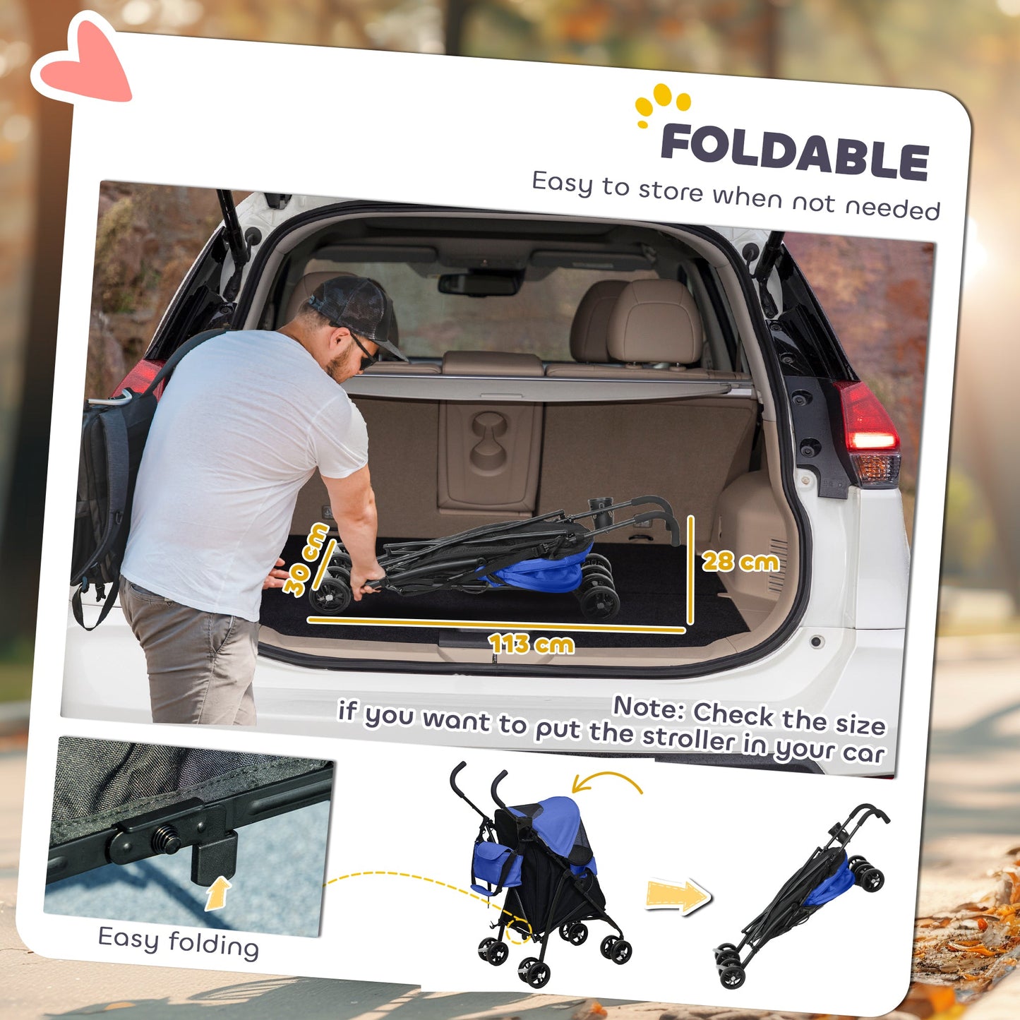 Pet stroller for Miniature Dogs, Foldable Dog Stroller with Shoulder Strap, 4 Wheels Pet Pram with Storage Bag, Cup Holder, Dark Blue