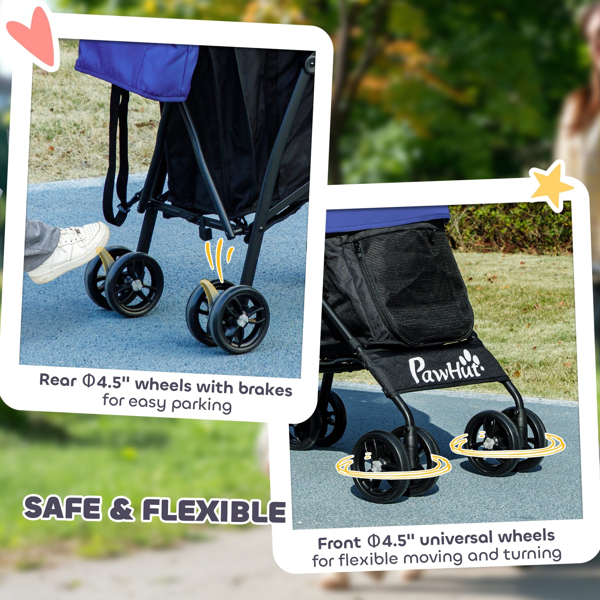 Pet stroller for Miniature Dogs, Foldable Dog Stroller with Shoulder Strap, 4 Wheels Pet Pram with Storage Bag, Cup Holder, Dark Blue