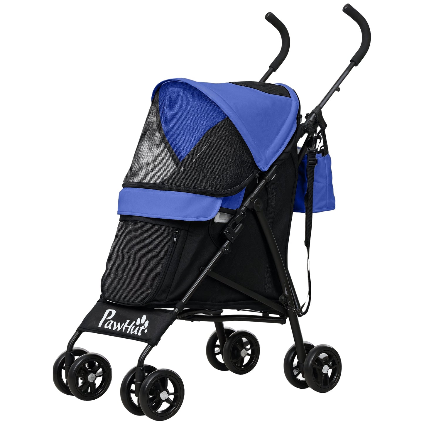 Pet stroller for Miniature Dogs, Foldable Dog Stroller with Shoulder Strap, 4 Wheels Pet Pram with Storage Bag, Cup Holder, Dark Blue