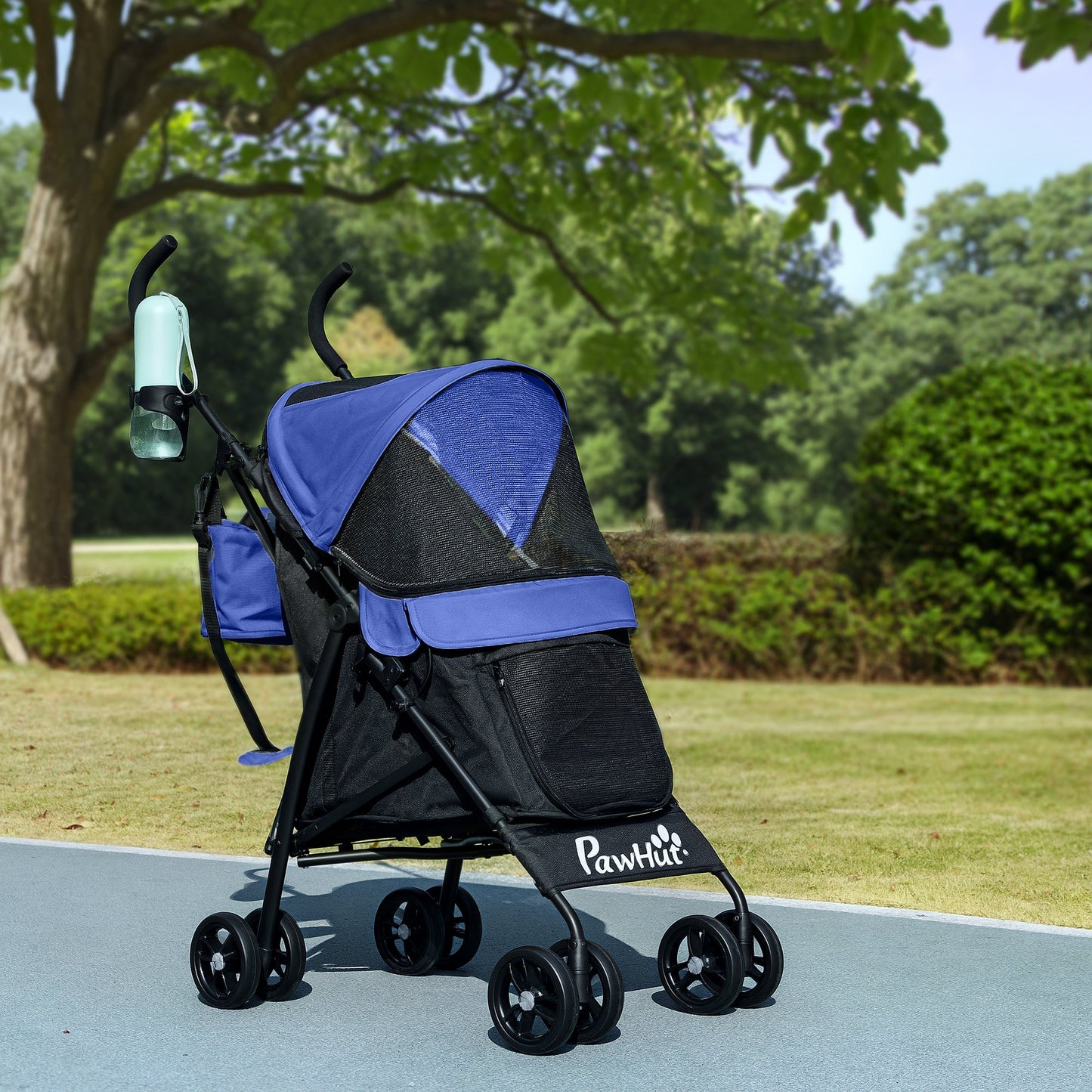 Pet stroller for Miniature Dogs, Foldable Dog Stroller with Shoulder Strap, 4 Wheels Pet Pram with Storage Bag, Cup Holder, Dark Blue