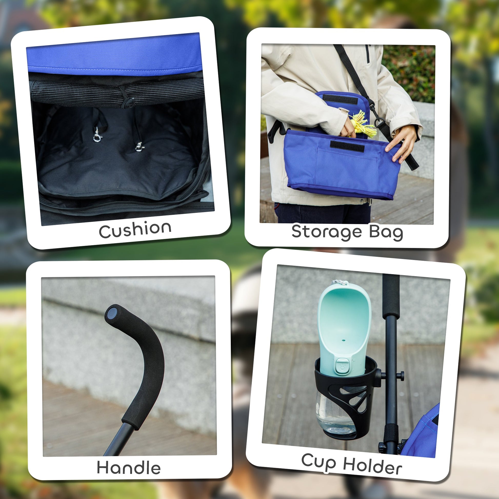 Pet stroller for Miniature Dogs, Foldable Dog Stroller with Shoulder Strap, 4 Wheels Pet Pram with Storage Bag, Cup Holder, Dark Blue