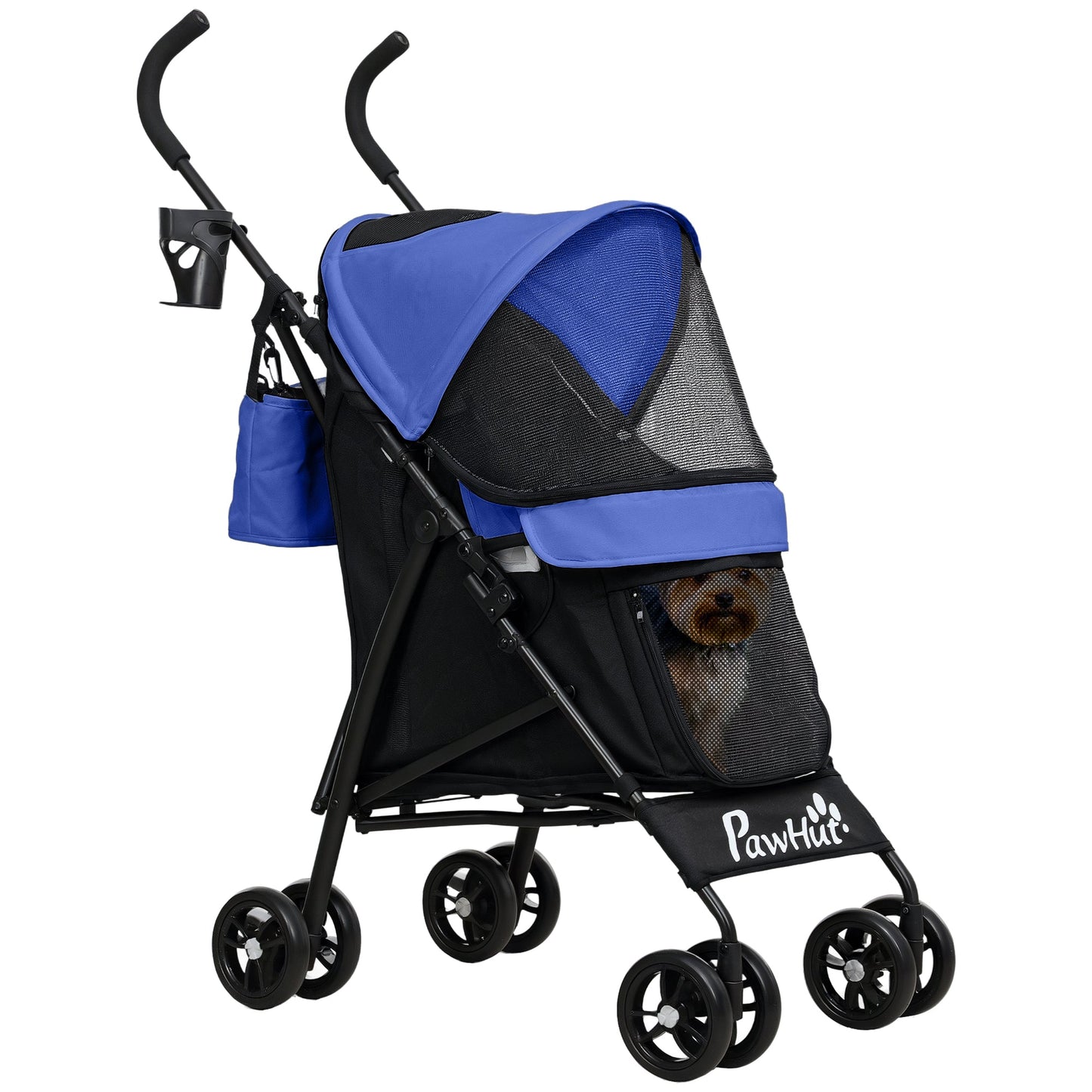 Pet stroller for Miniature Dogs, Foldable Dog Stroller with Shoulder Strap, 4 Wheels Pet Pram with Storage Bag, Cup Holder, Dark Blue