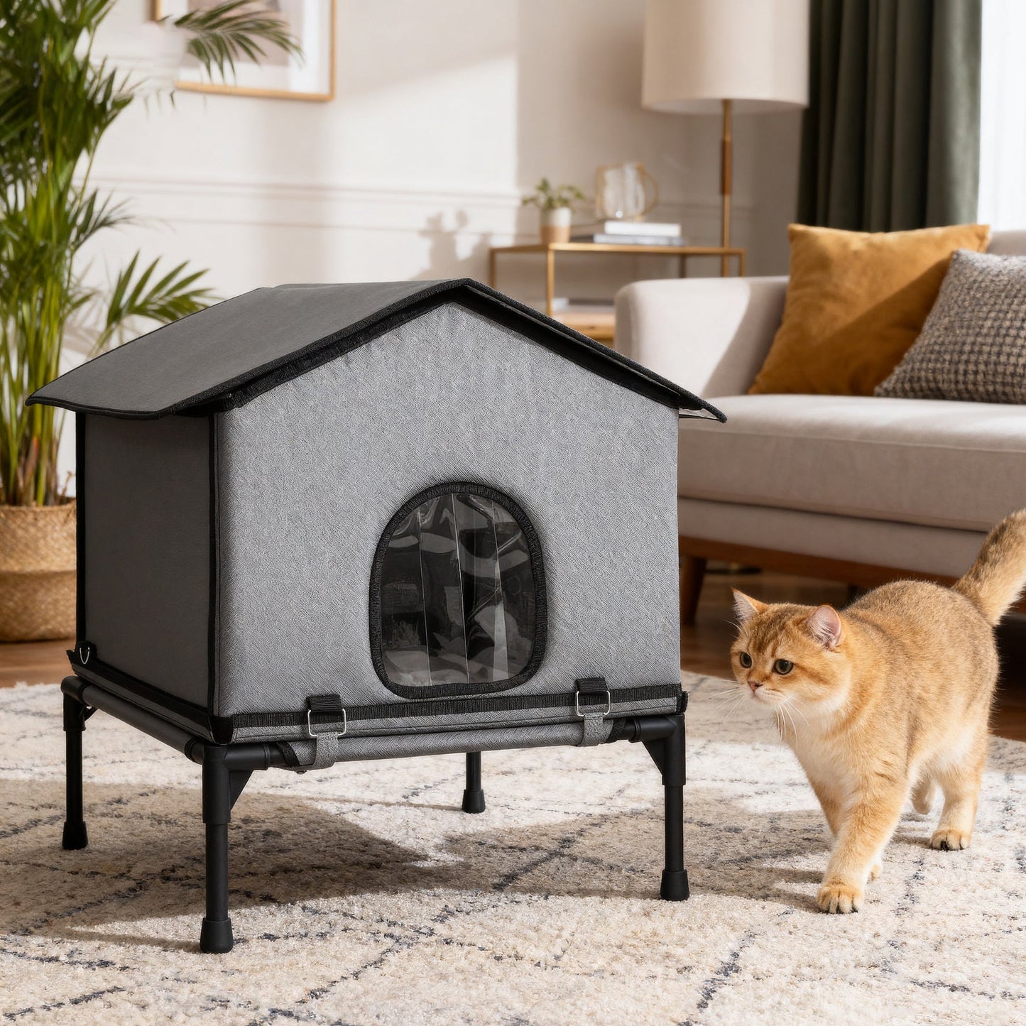 Outdoor Cat House, Waterproof Insulated Cat Kennel with Elevated Base, Cushion, Foldable Feral Kitty Shelter for Indoor Outdoor Kittens, Grey